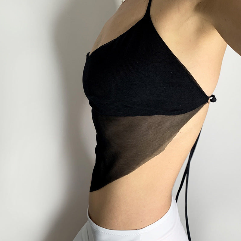 Women Fashion Sexy Pleated Mesh Halter-Neck Camisole