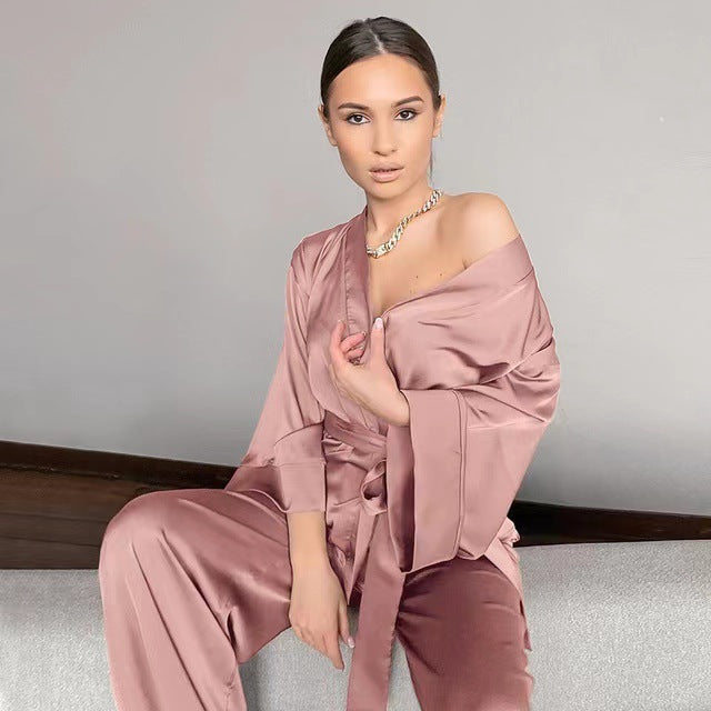 Women Solid Satin Long Sleeve Loose Lace-Up Pajamas Two Piece Set