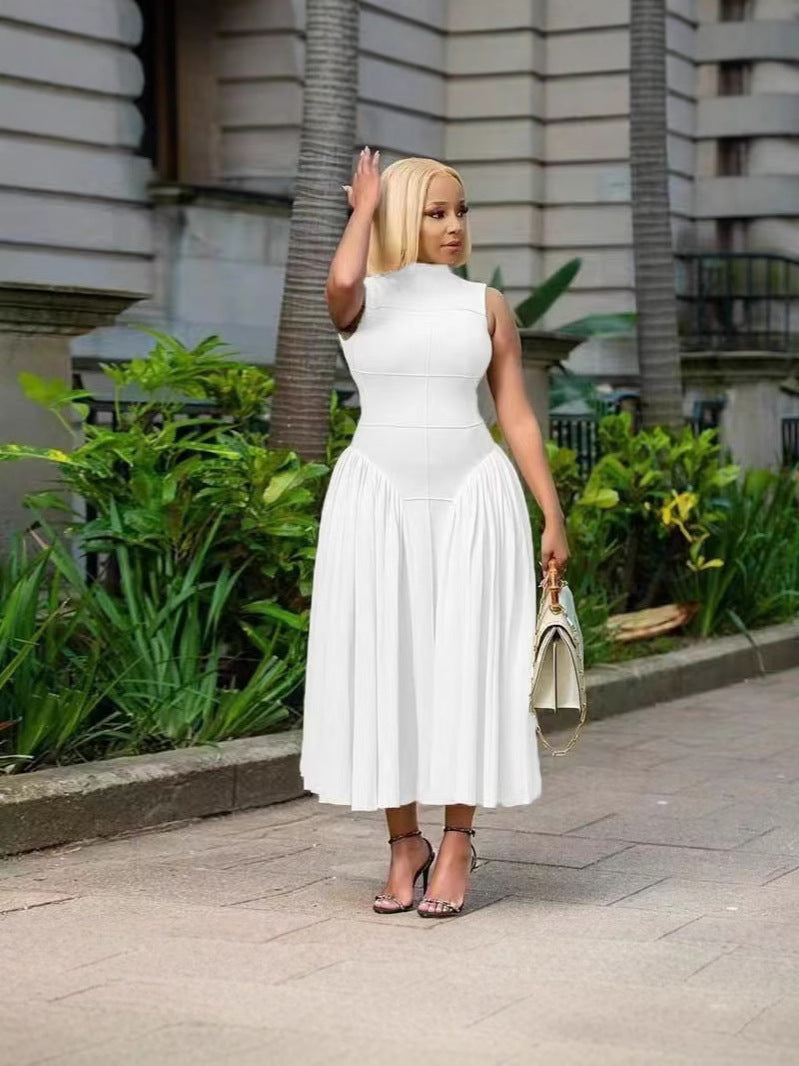 Women Fashion Elegant Solid Color Pleated Dress