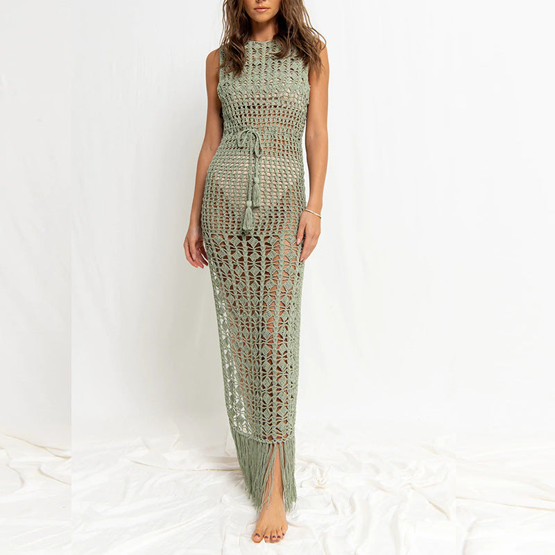 Vestido playero ahuecado con borlas de color liso a la moda para mujer