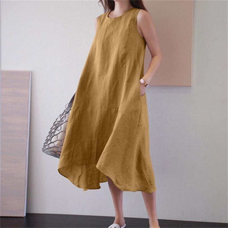 Robe décontractée sans manches en coton et lin de couleur unie pour femme