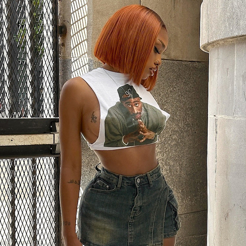 Top corto sin mangas con cuello redondo y estampado 3D sexy para mujer