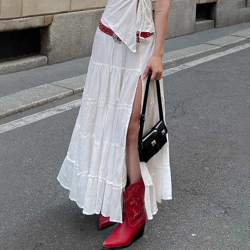 Falda elegante de algodón con volantes de color liso a la moda para mujer