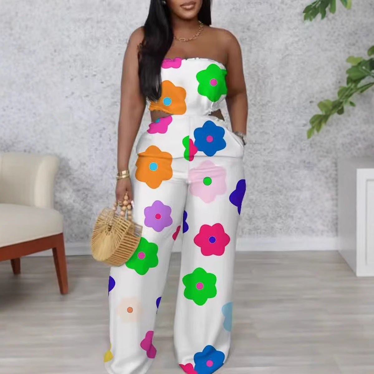 Pantalones anchos sin tirantes con estampado elegante para mujer