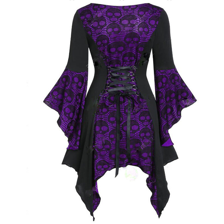Robe gothique en dentelle à motif tête de mort et jupe irrégulière pour femme