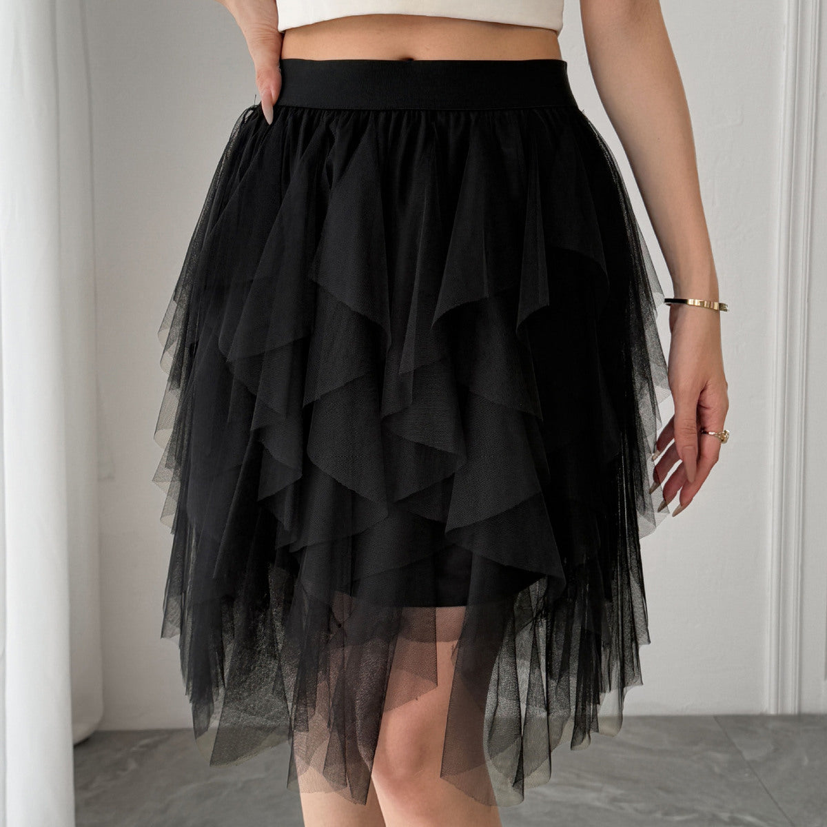 Women Fashion Solid Color Mesh Irregular Hem Skirt