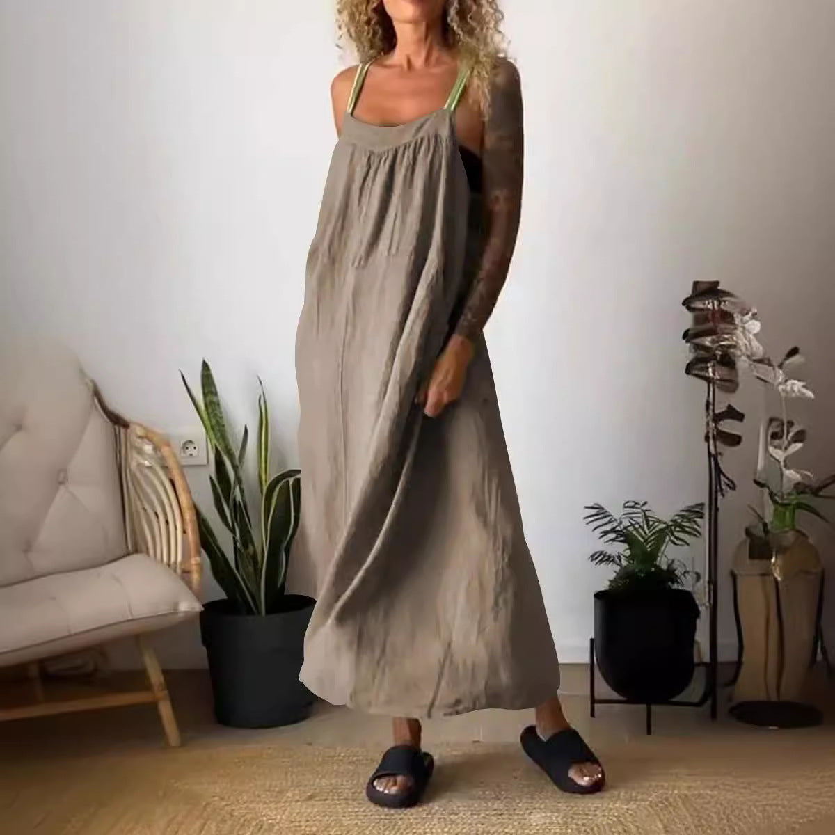Vestido informal de lino y algodón con tirantes de color liso para mujer