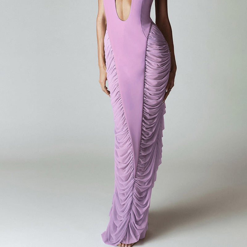 Vestido maxi ajustado de malla con escote en V profundo y color sólido sexy para mujer