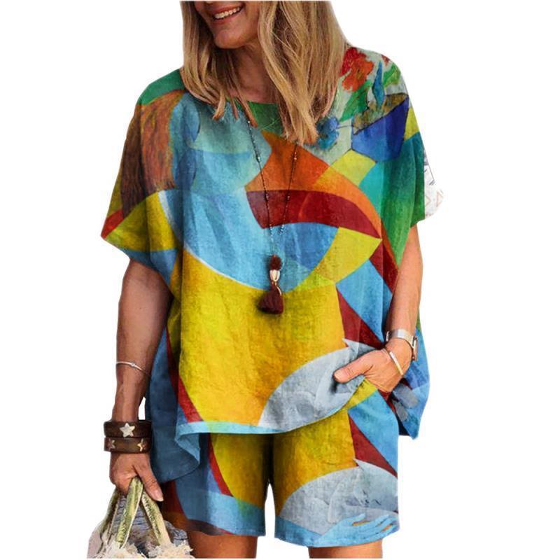 Women's Fashion Geometric Fawn Cotton and Linen Two-Piece Set