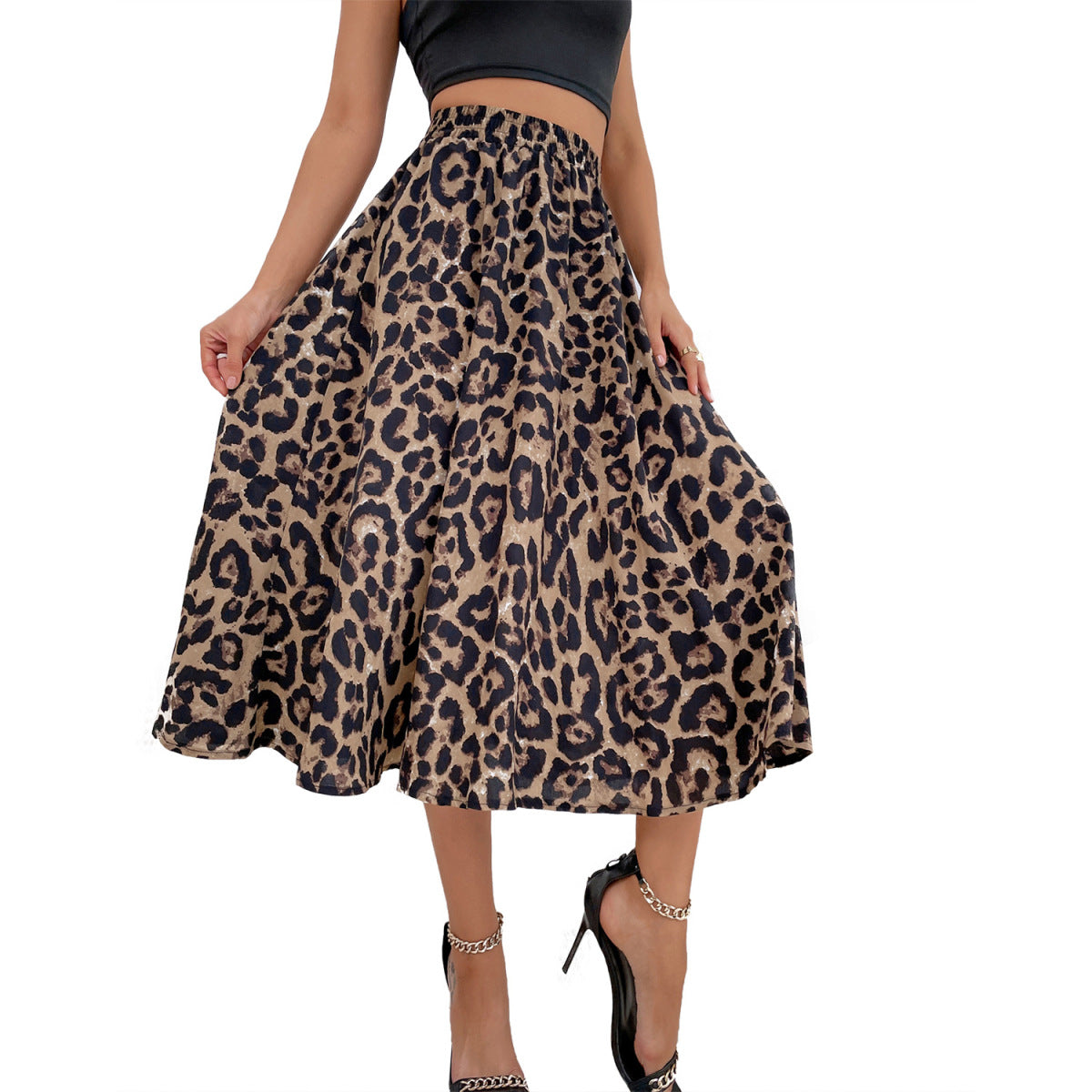 Falda holgada con estampado de leopardo y gasa para mujer