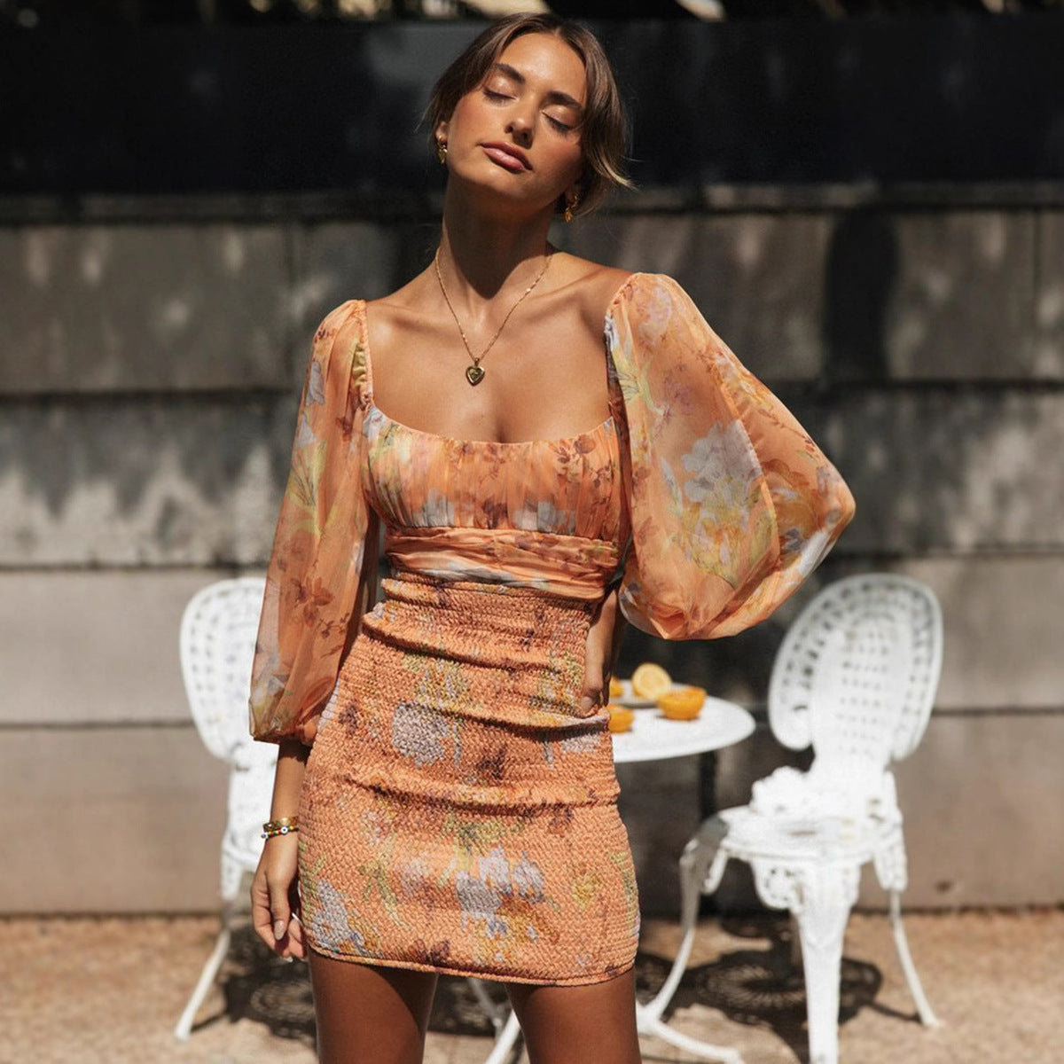 Summer Floral Printed Lantern Sleeves Dress in Chiffon