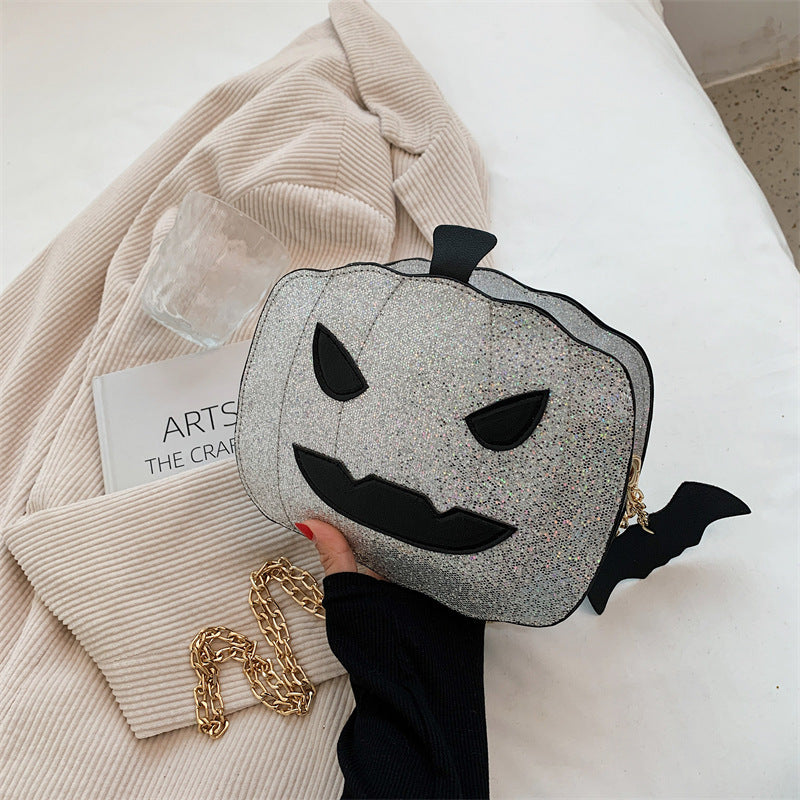 Bolso bandolera de un solo hombro con cadena y diseño de calabaza y lentejuelas de Halloween
