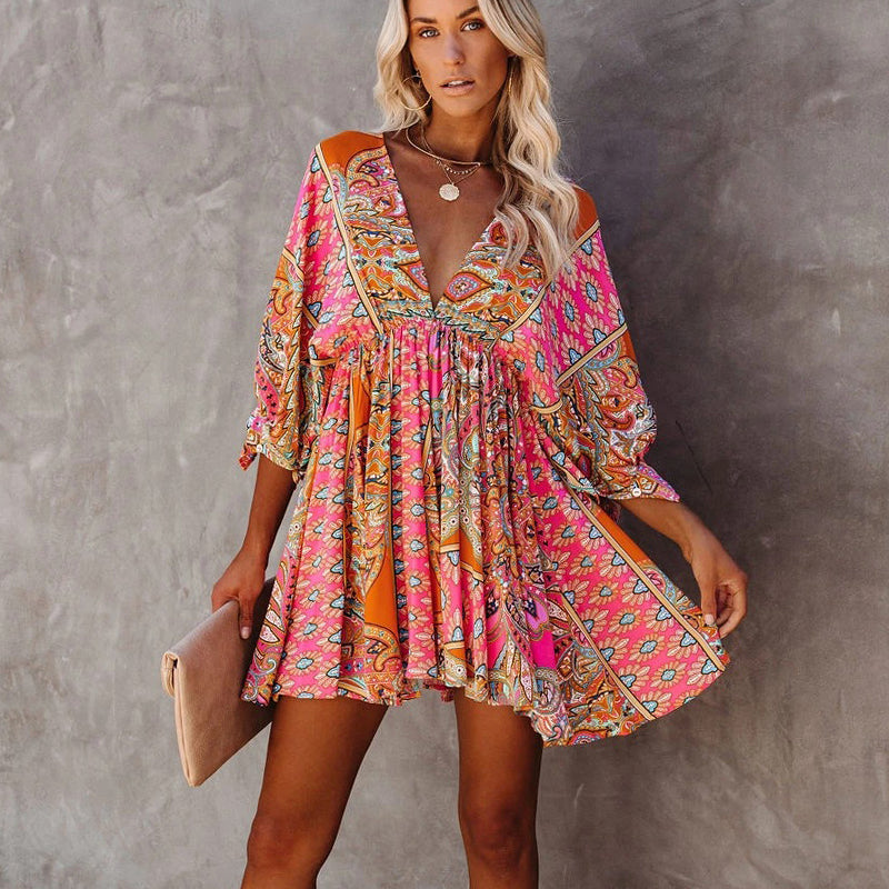 Vestido mini elegante con escote en V y estampado floral estilo bohemio vintage para mujer