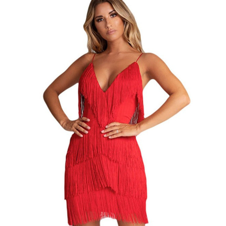 Vestido sexy de color sólido con borlas y escote en V para mujer