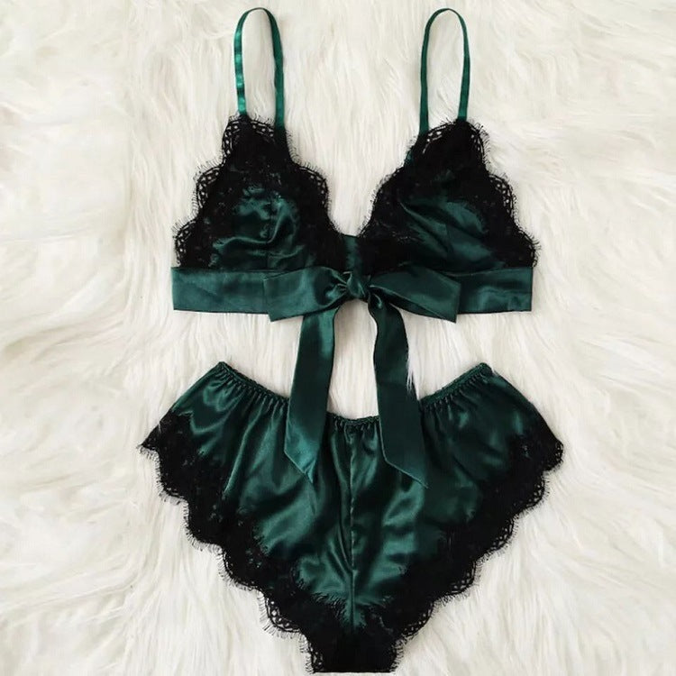 Sexy See-Through Elastic Pajamas Lace Satin Sleepwear Set