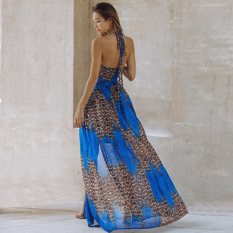 Robe élégante bohème à imprimé léopard et dos nu en mousseline de soie pour femme
