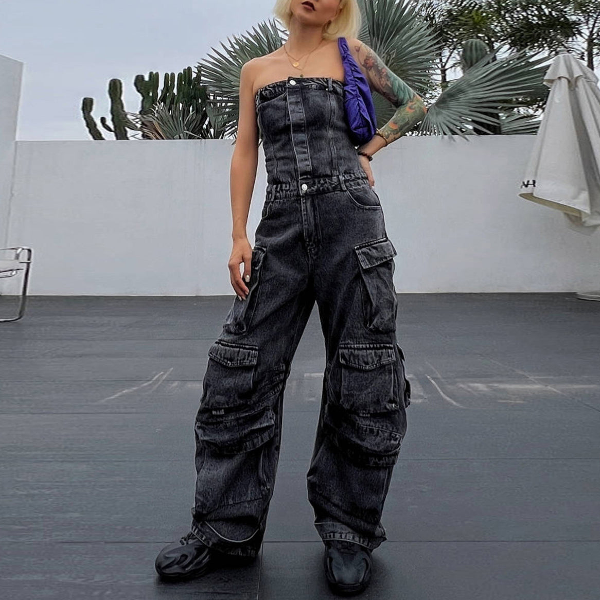 Fashion Street Women Strapless Multi-Pocket Denim Jumpsuit