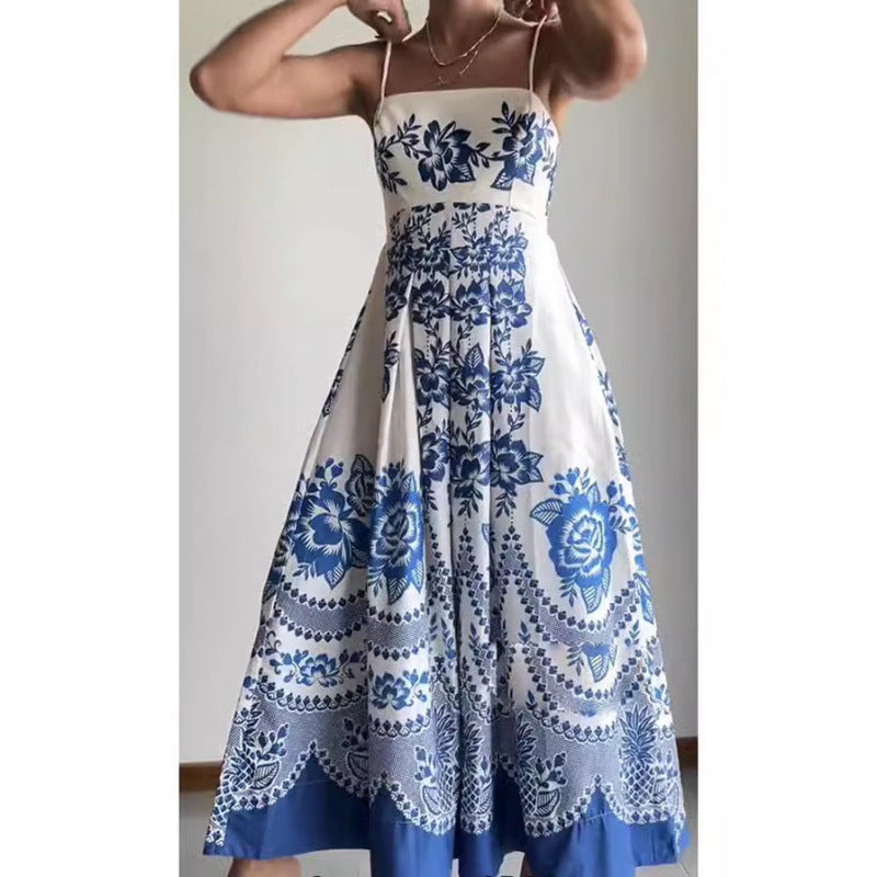 Vestido largo bohemio con tirantes y estampado informal para mujer en azul
