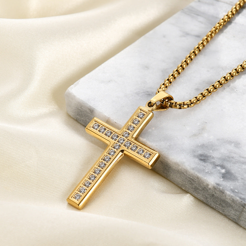 Fashion Simple Zircon Cross Stainless Steel Pendant Necklace
