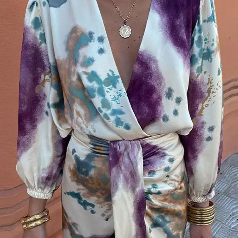 Women Fashion Elegant Printed V-Neck Two-Piece Set