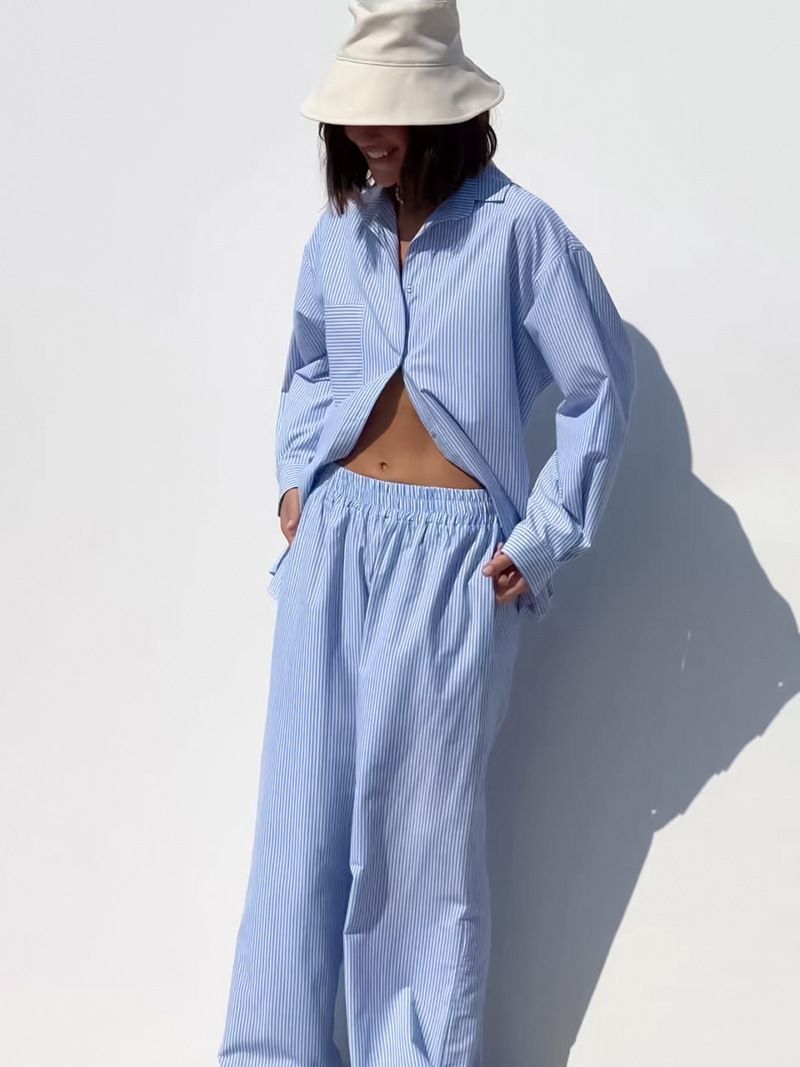 Women Casual Stripe Long Sleeve Blouse and Pants Set