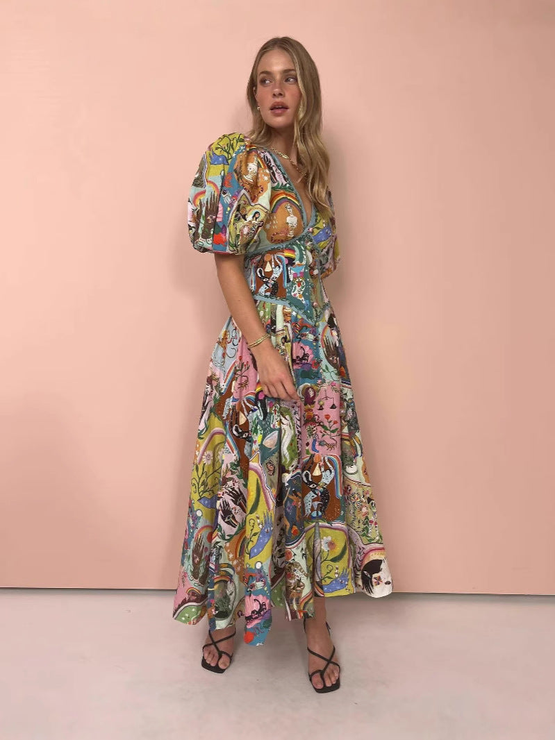 Robe imprimée décontractée à col en V pour femme