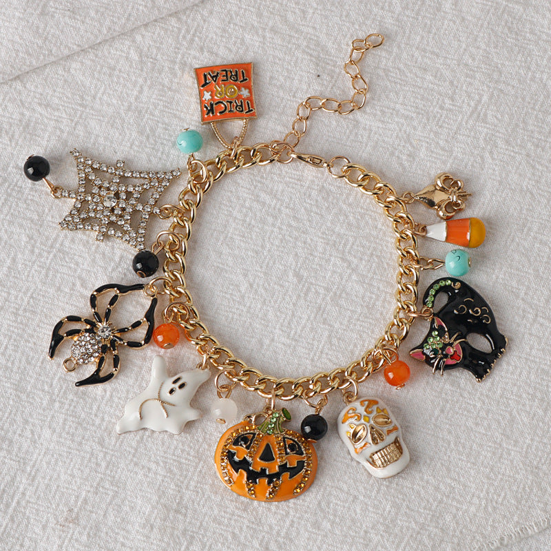 Pulsera de Halloween con colgante de calavera de calabaza, fantasma y araña de diamante