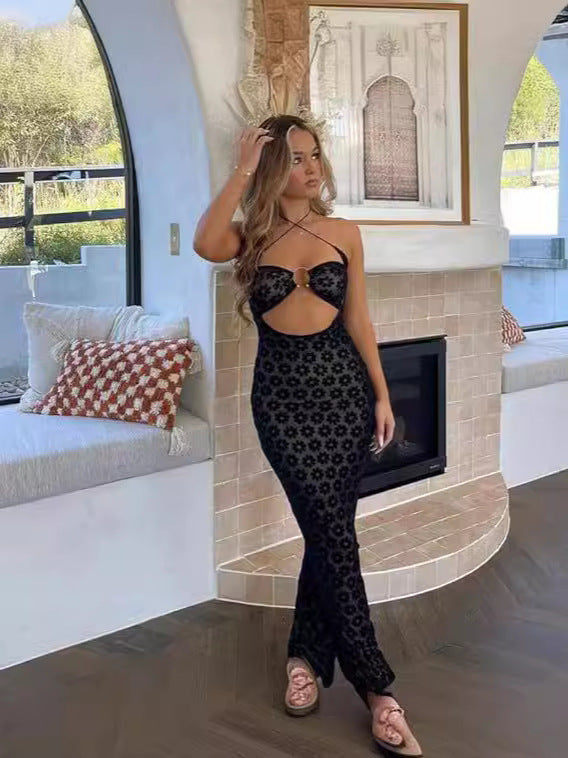 Robe sexy à imprimé ajouré et décolleté plongeant pour femme