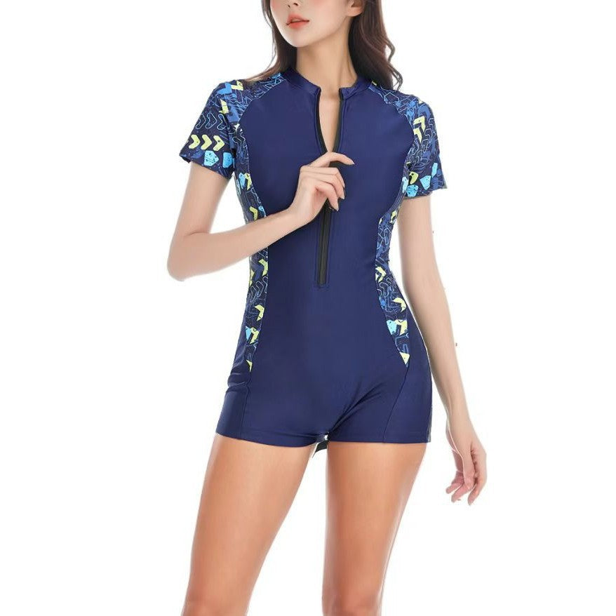Women Fashion Sexy Printed Stitching Short Sleeve Zipper One Piece Swimsuit