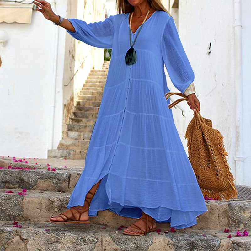 Vestido largo bohemio de verano para mujer, informal, de color liso, con escote en V y manga larga