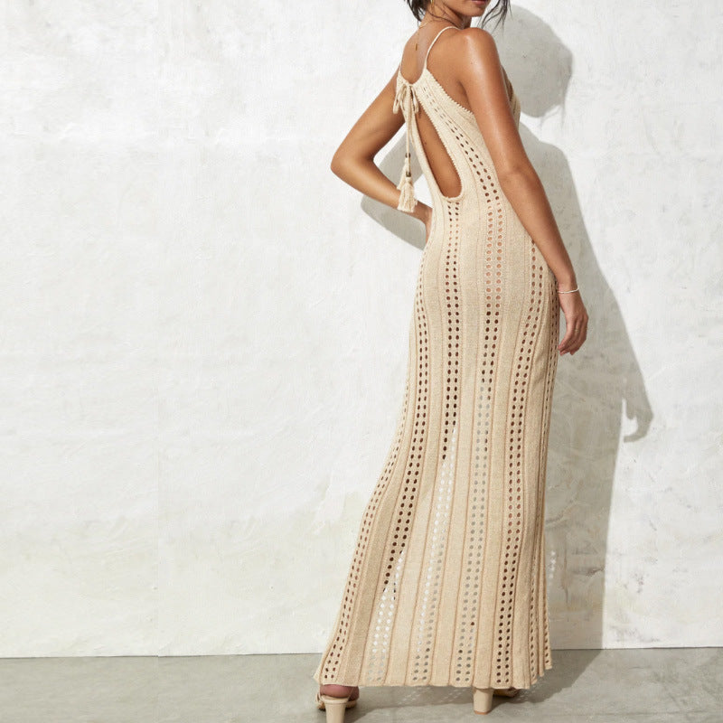 Women Sexy Solid Color Side Split Backless Dress
