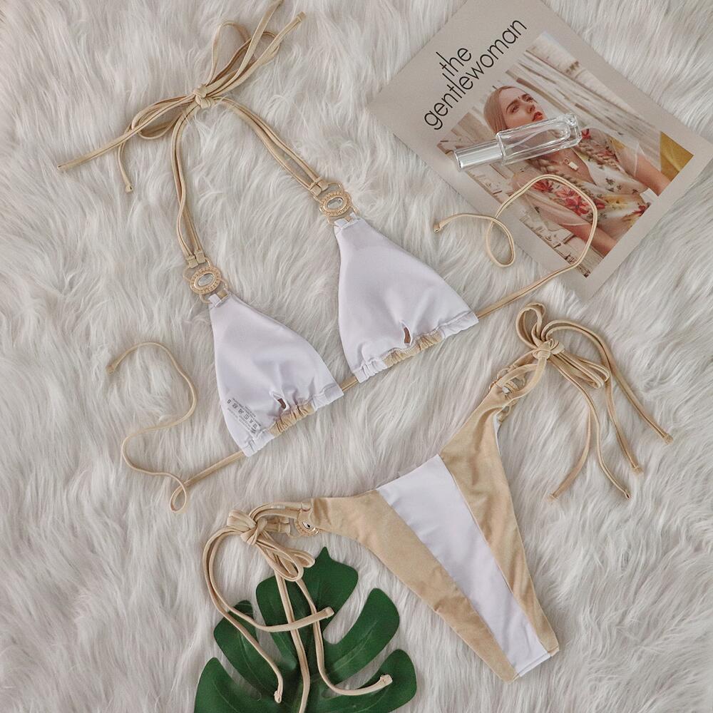 Vacation Women Sexy Rhinestone Contrast Bikini
