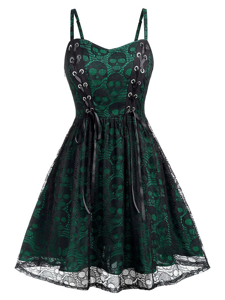 Women Fashion Retro Gothic Lace Splice Skull Dress
