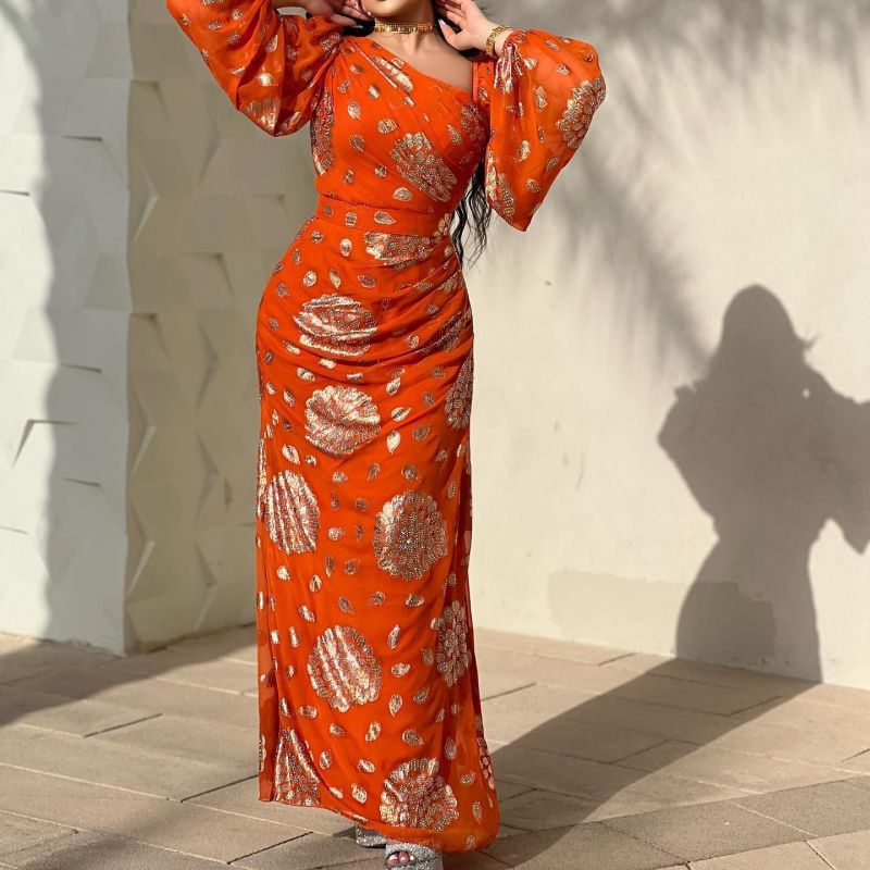Robe sexy à manches longues en mousseline imprimée pour femme