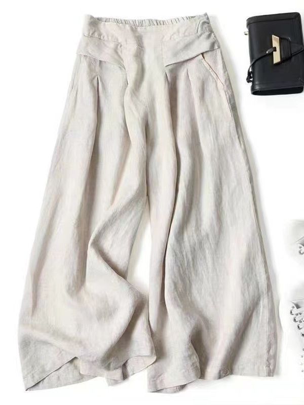 Pantalones anchos informales de algodón y lino de color liso para mujer