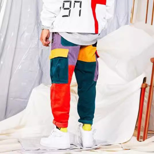 Men Fashion Casual Color Block Corduroy Drawstring Pants