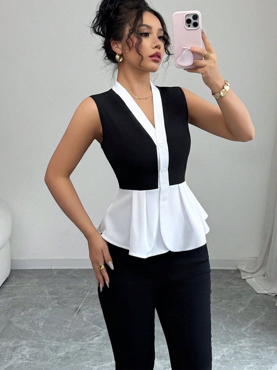 Women Fashion Sleeveless Stitching Shirt