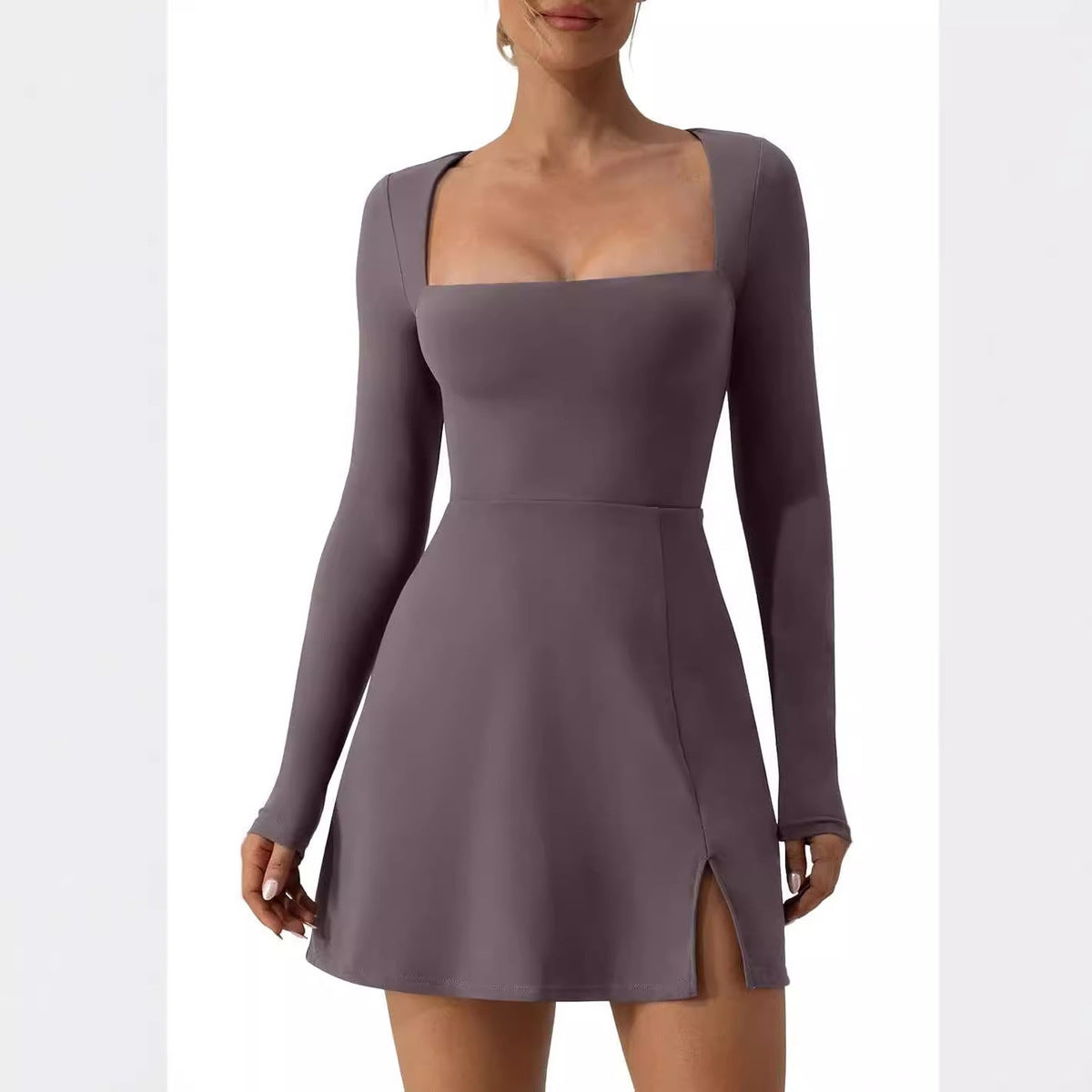 Women Fashion Sexy Solid Color Square Collar Dress