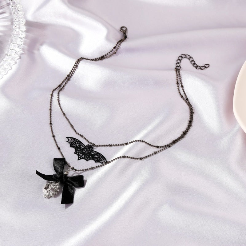 Collar retro de Halloween con lazo y calavera de murciélago para mujer