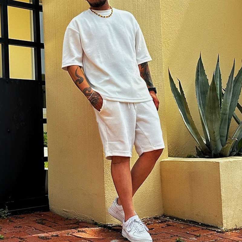 Conjunto de camiseta y pantalones cortos de manga corta de mezcla de algodón para hombre, estilo informal y vacacional