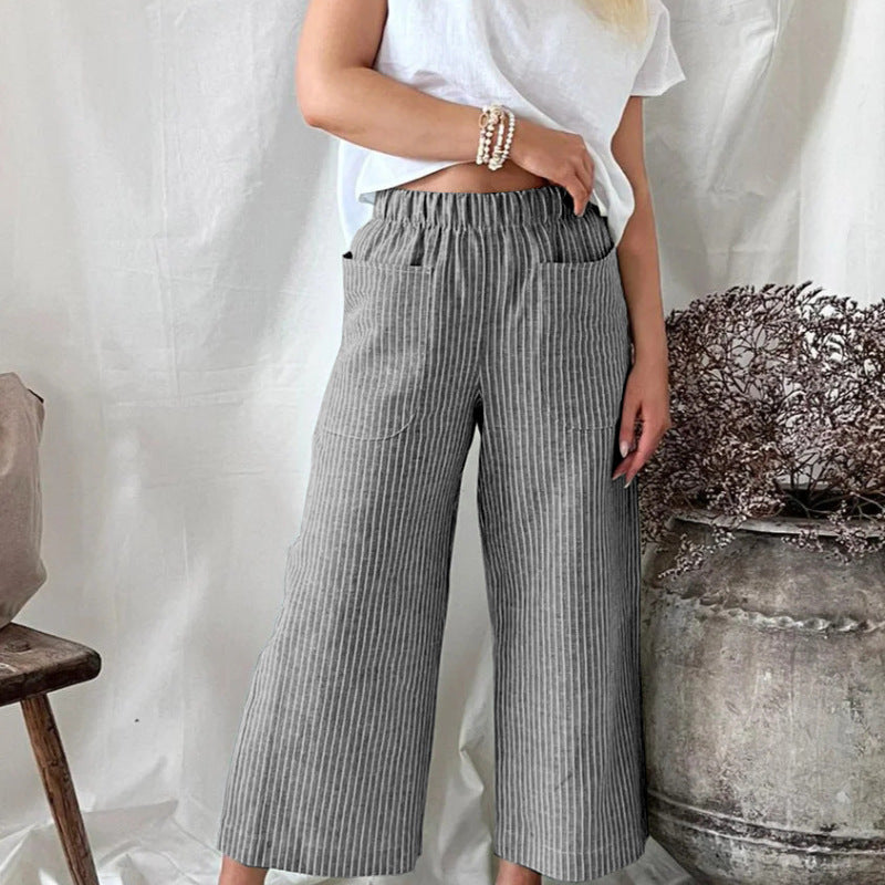 Pantalones casuales de lino y algodón a rayas de pierna ancha para mujer