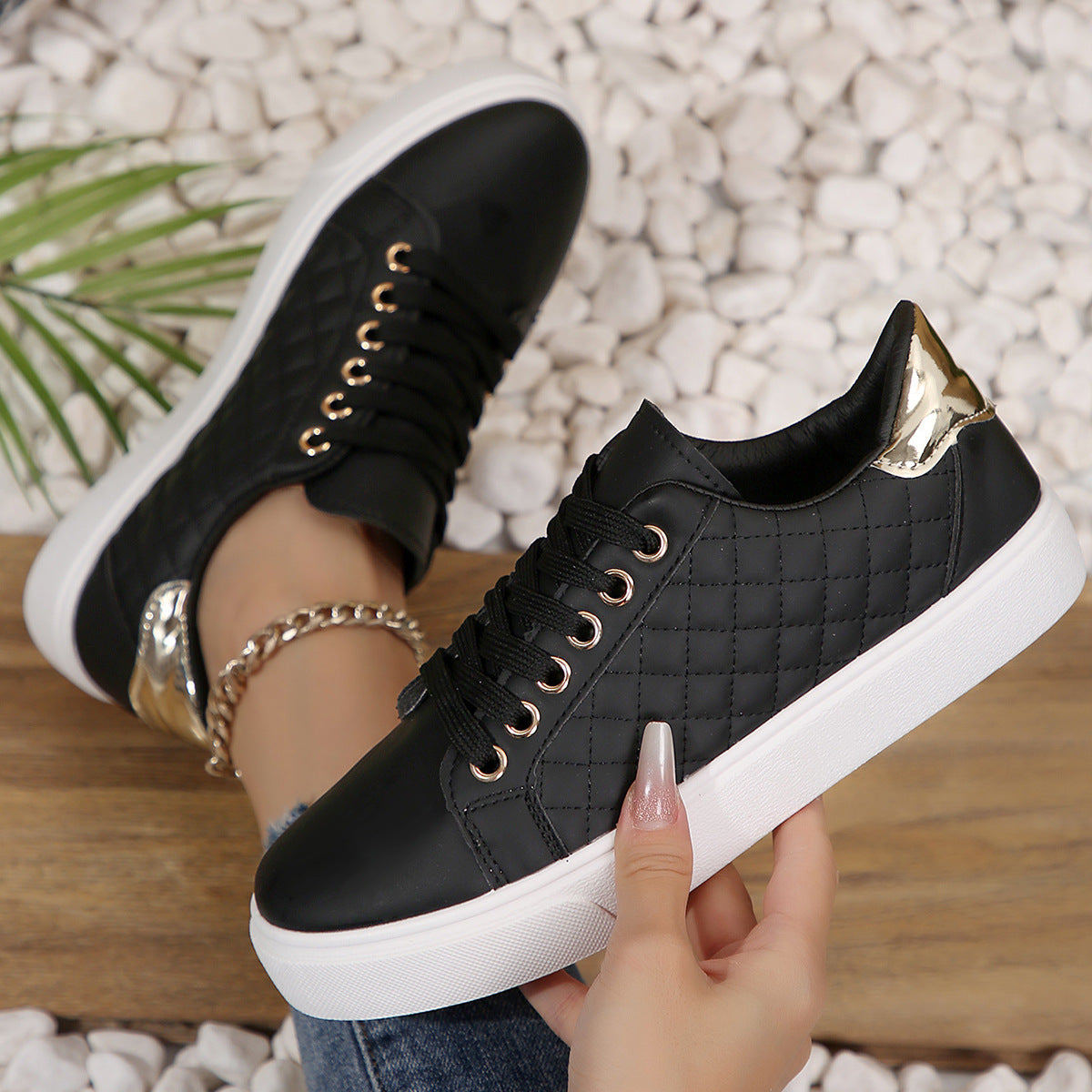 Chaussures plates décontractées à lacets et bout rond pour femmes, couleur unie