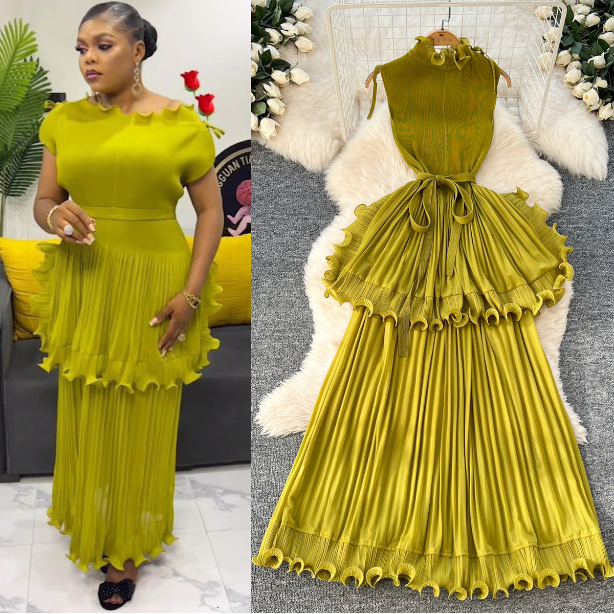 African Women Summer Pleated Ruffled Maxi Dress