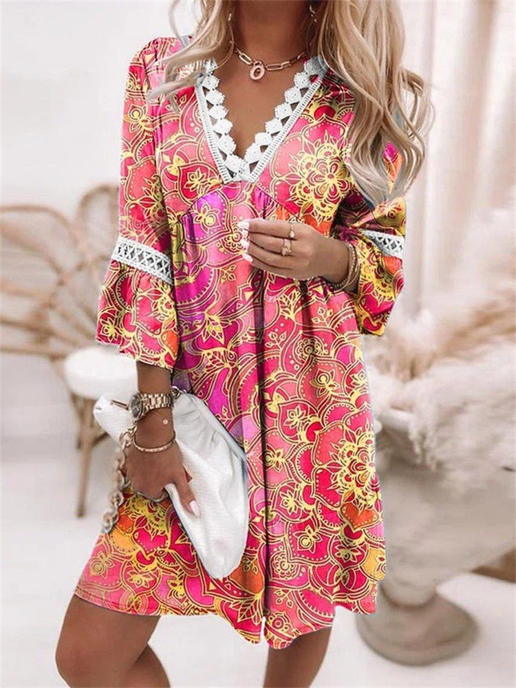 Vestido elegante de primavera bohemio para mujer, de manga larga, cuello en V y encaje con volantes