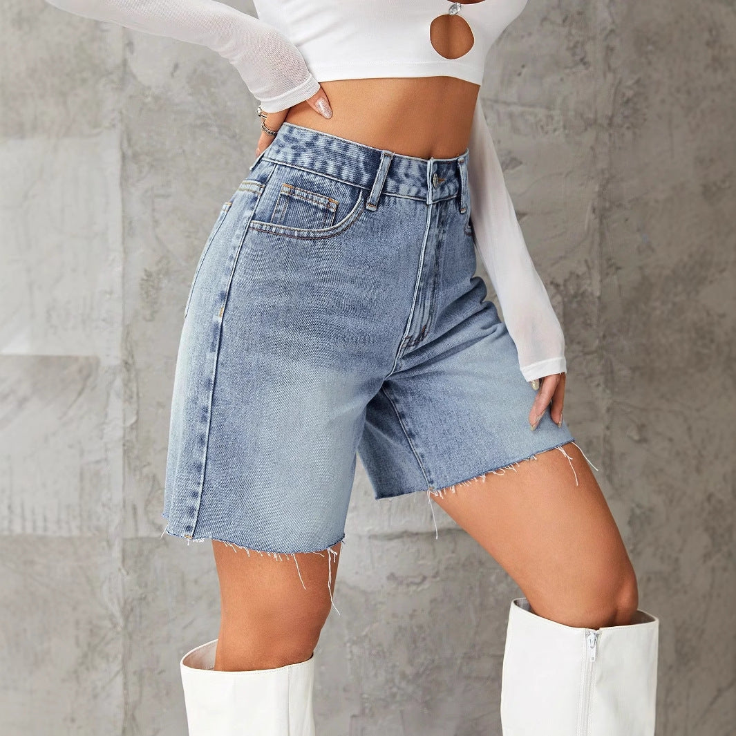 Pantalones cortos vaqueros de cintura alta informales de moda para mujer con algodón y poliéster