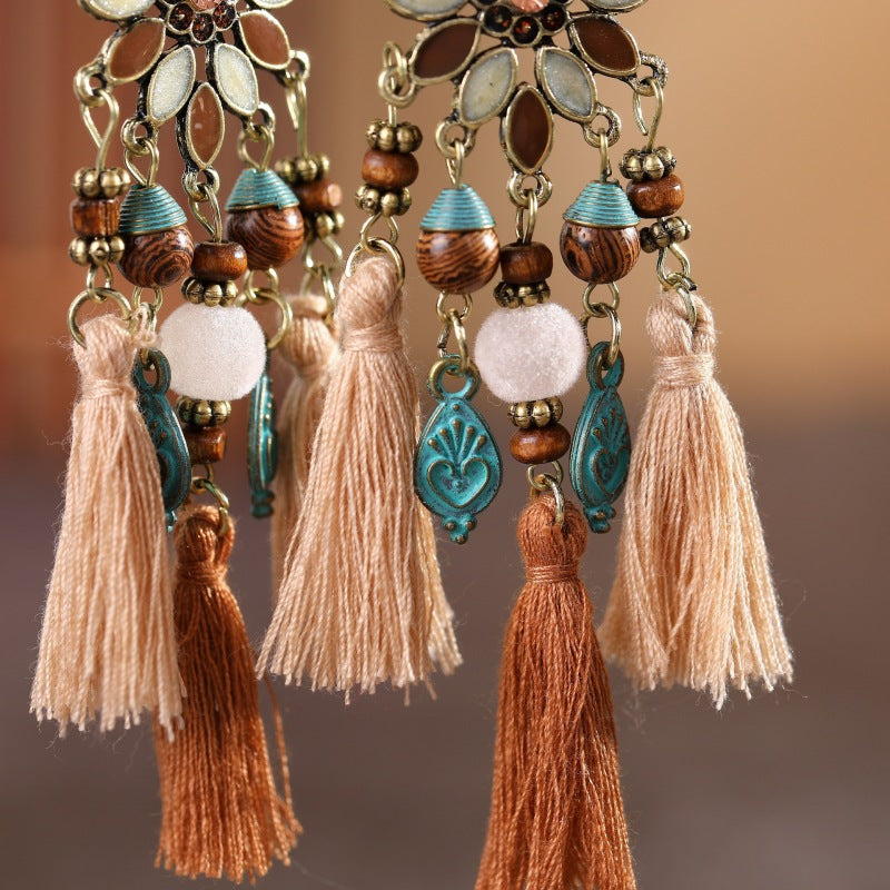 Bohemian Flower Wooden Beads Tassel Earrings