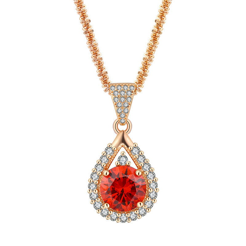 Women Fashion Elegant Garnet Red Zircon Ring Necklace Set