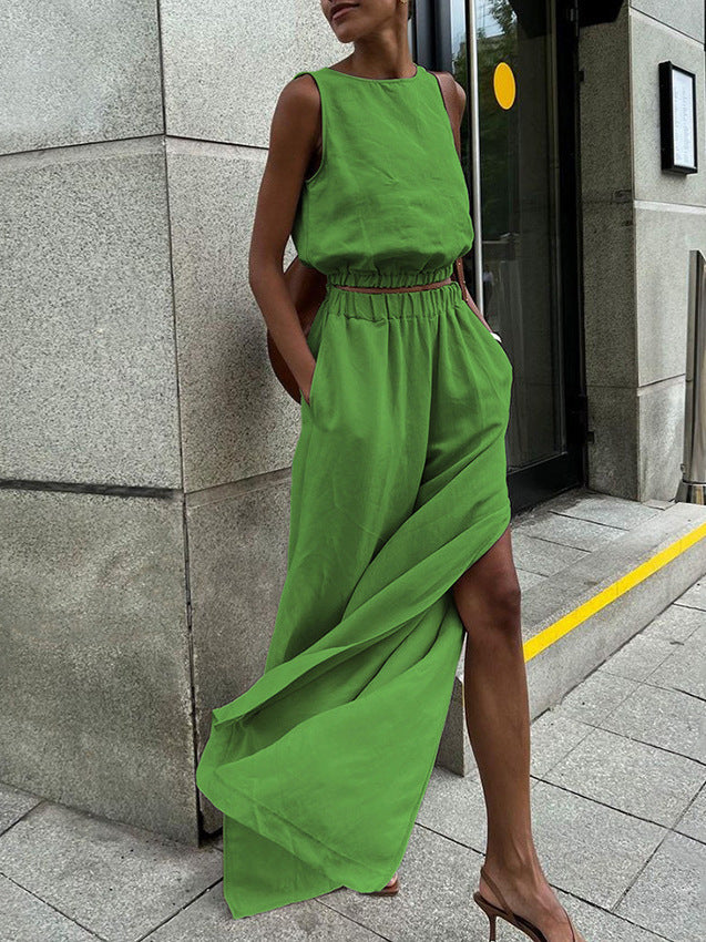 Women Sleeveless Casual Cotton Linen Two-Piece Set with Side Slits