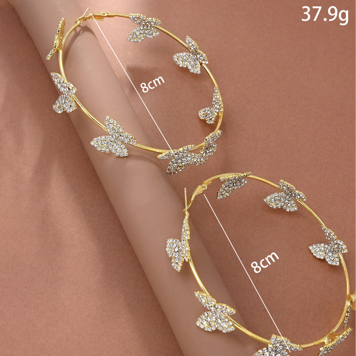 Fashion Exaggerated Rhinestone Butterfly Hoop Earrings in Gold