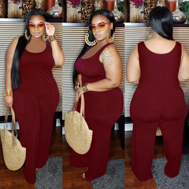 Women Plus Size Solid Color Sleeveless Jumpsuit